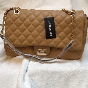 Chic Quilted Tan Shoulder Bag Set NWT